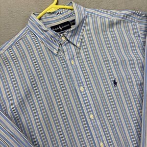 Vintage Ralph Lauren dress shirt men's XL blue striped long sleeve button-down‎